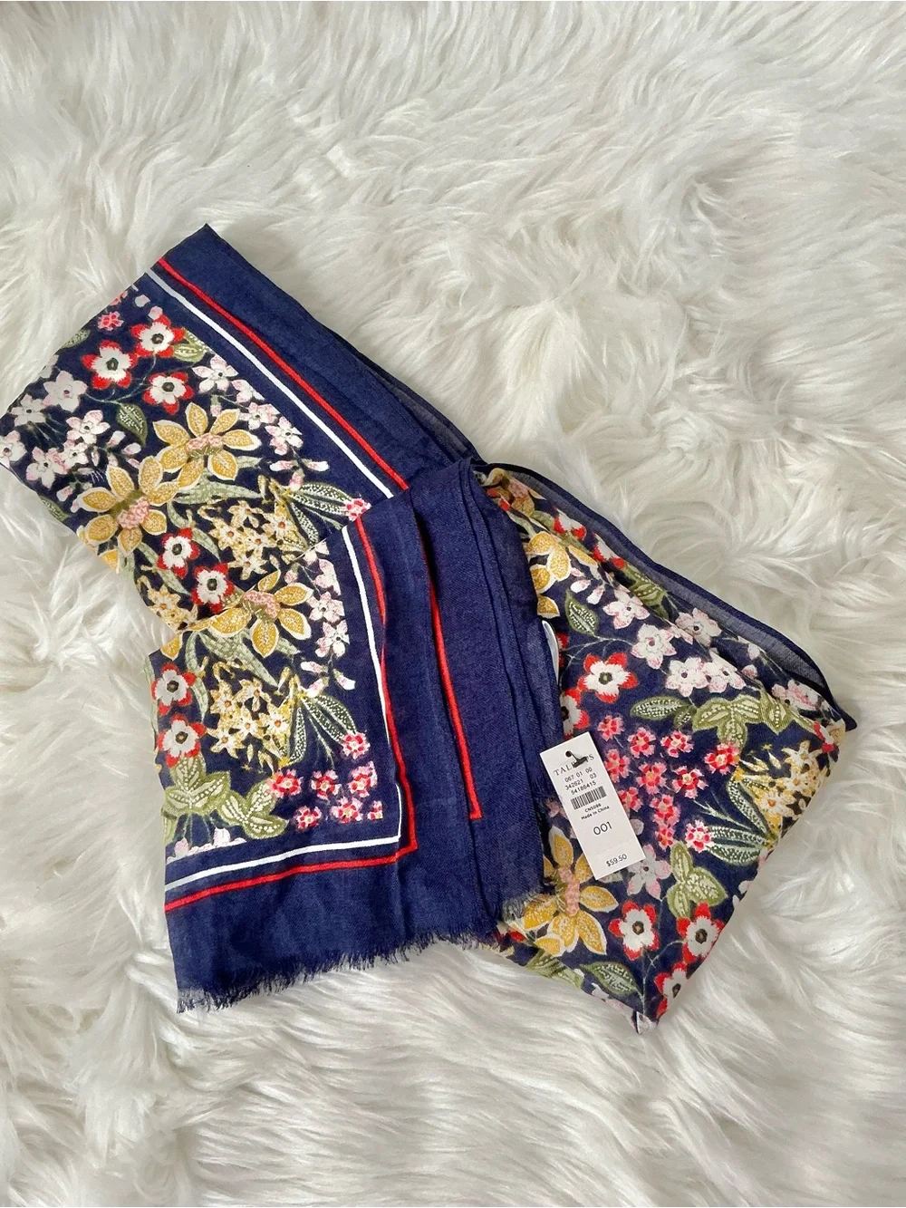 NWT Talbots Navy Floral Silk Blend Scarf with Red and Yellow Blooms